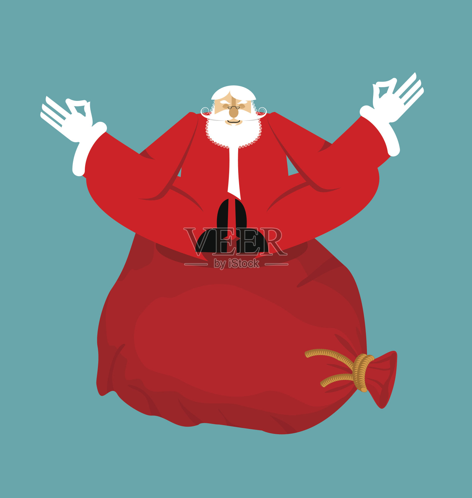 圣诞老人yogi和红色的袋子和礼物。圣诞节瑜伽。插画图片素材