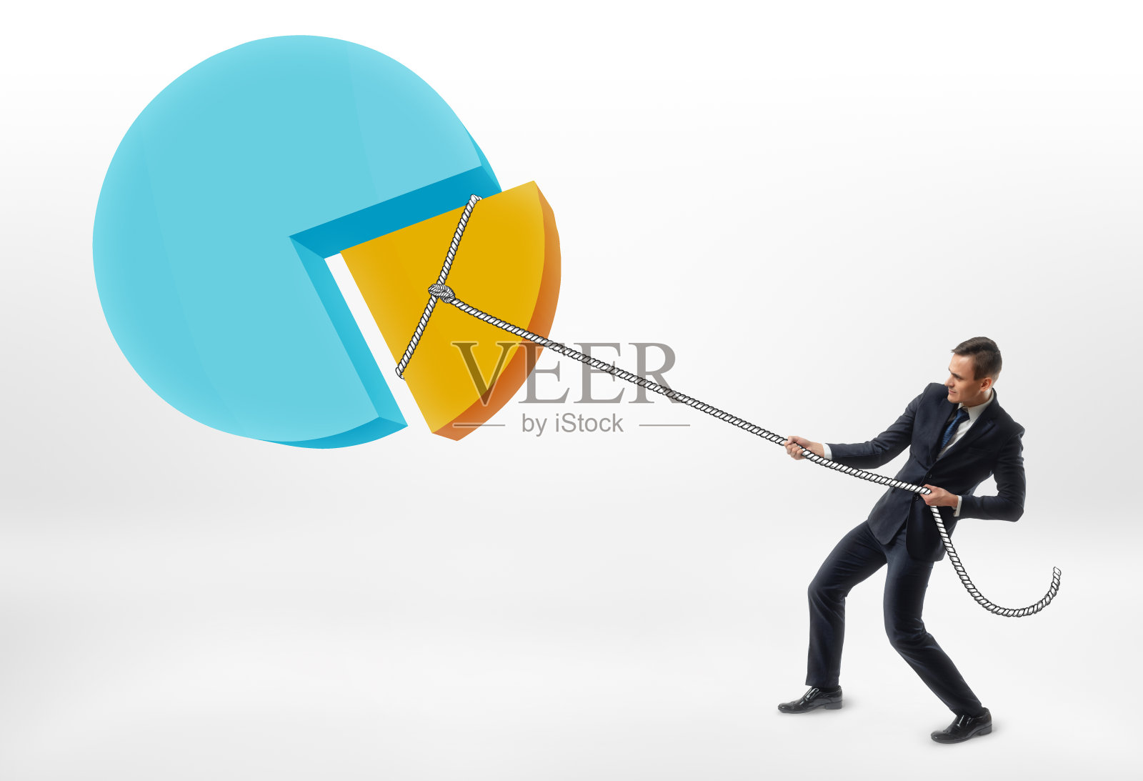 商人用一块饼图拉着绳子。照片摄影图片