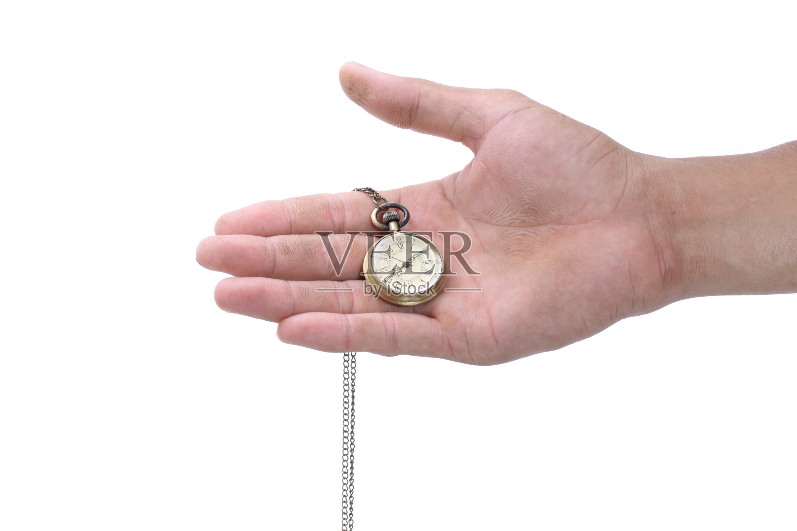 男手拿着怀表孤立在白色背景上照片摄影图片