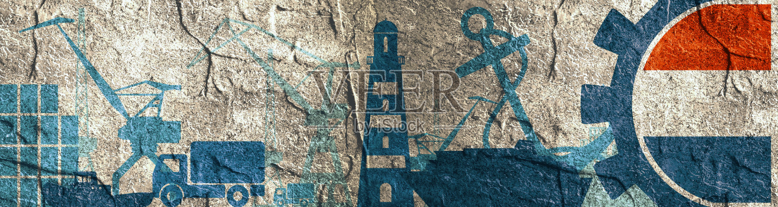 货港相对图标设置。荷兰国旗在齿轮。照片摄影图片