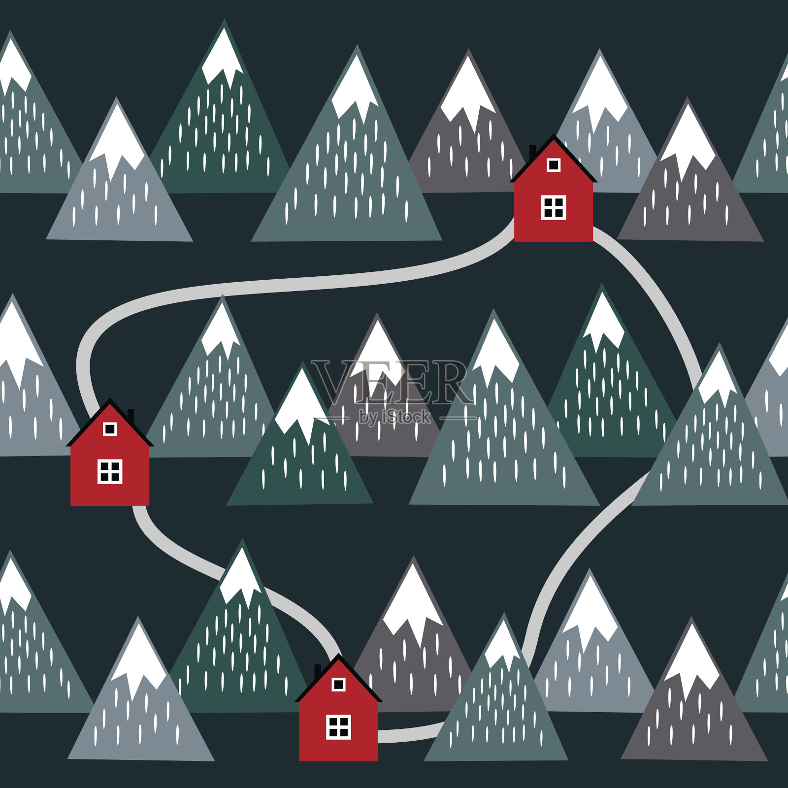 可爱的冰岛风景，有房子和山脉。插画图片素材