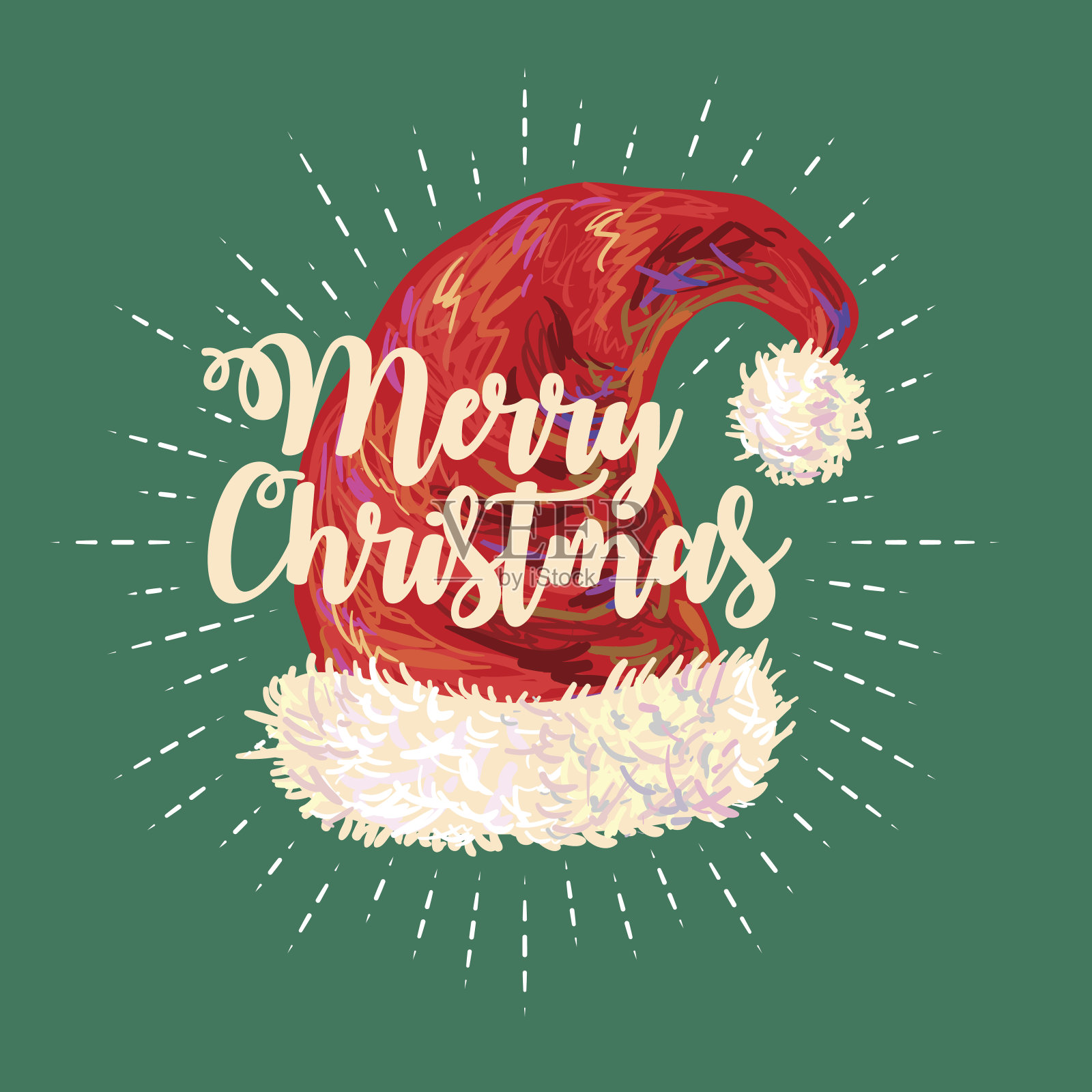 圣诞快乐。甜蜜的圣诞贺卡与红色的圣诞老人的帽子插画图片素材