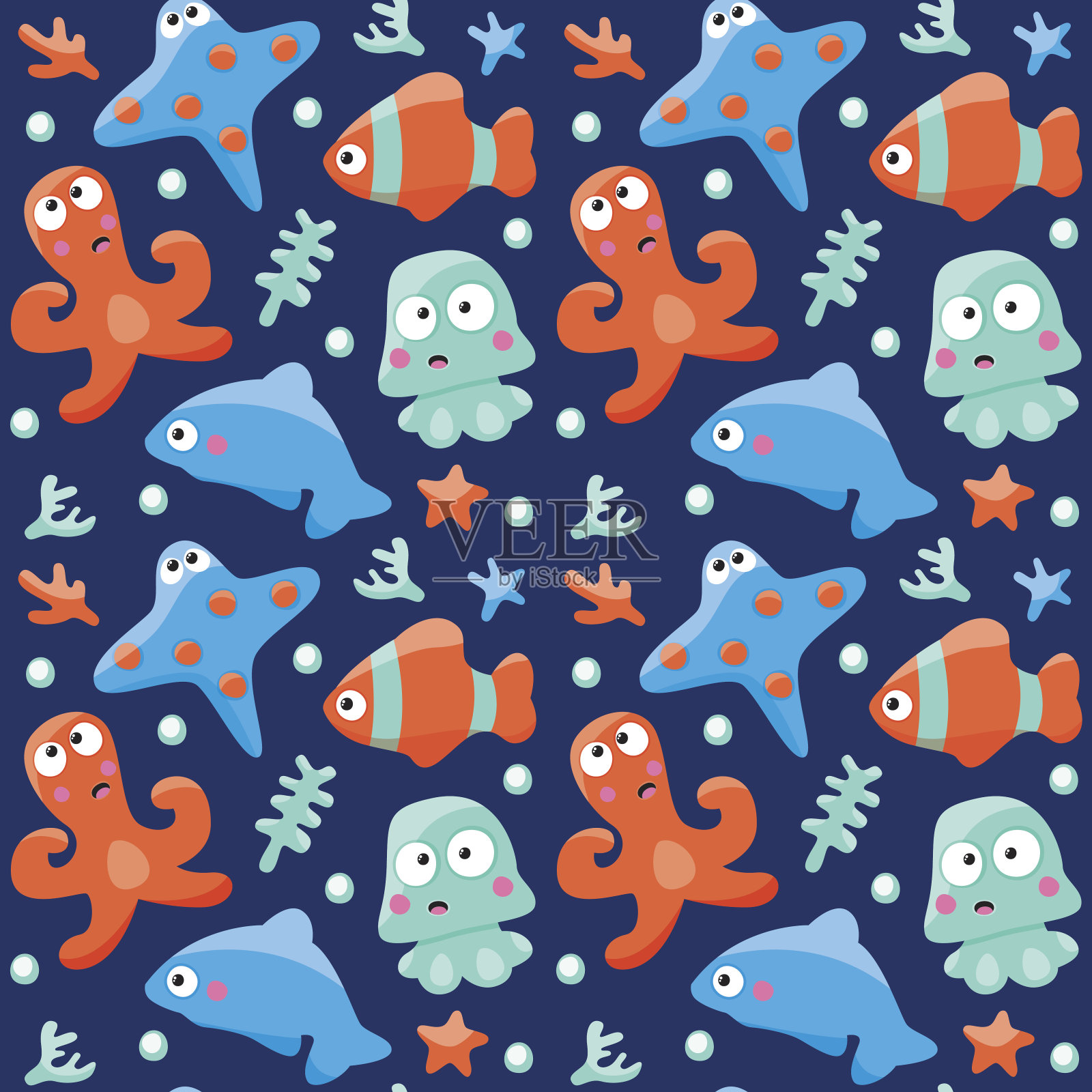 海洋无缝模式与鱼类，章鱼和海豚插画图片素材