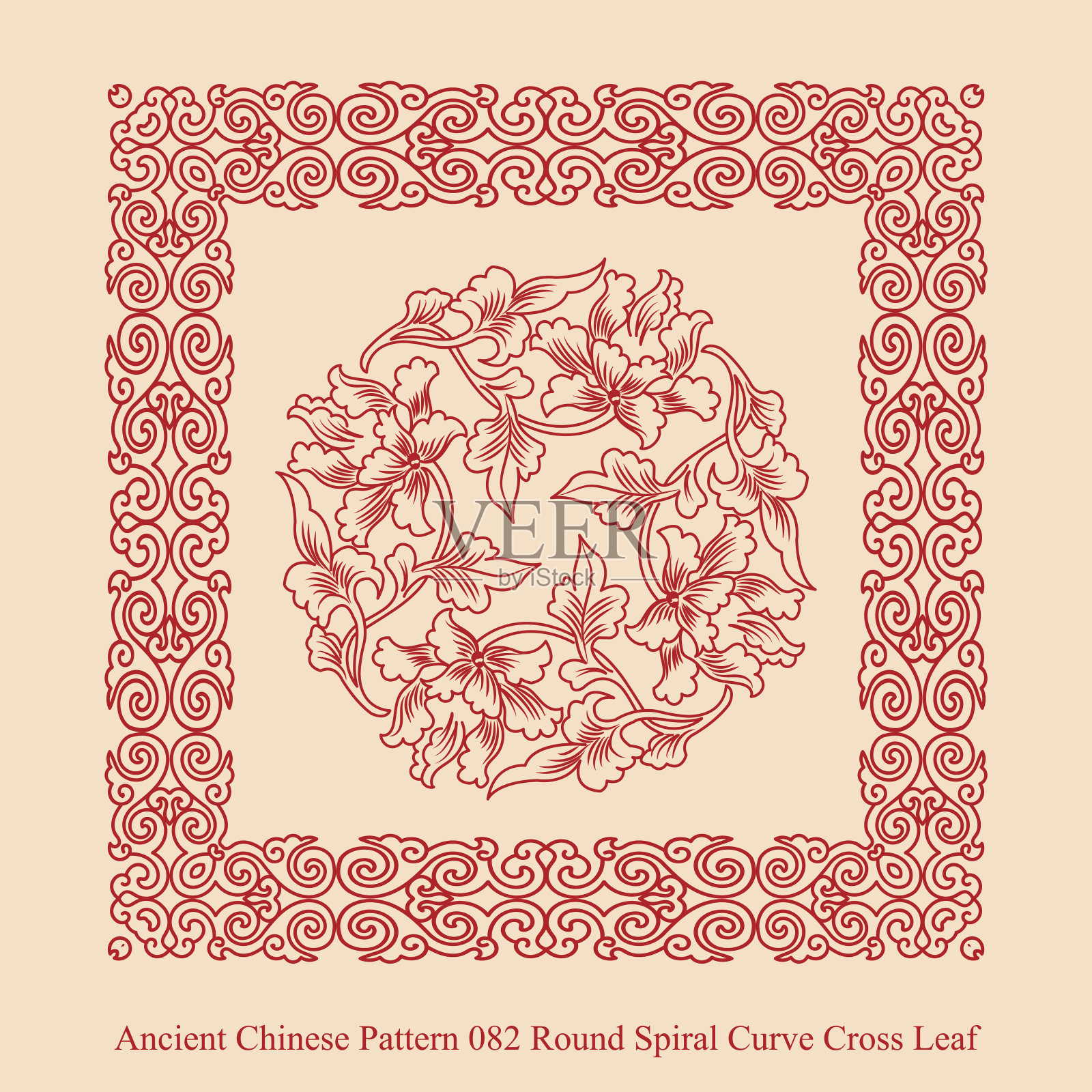 中国古代图案_082圆形螺旋曲线交叉叶插画图片素材