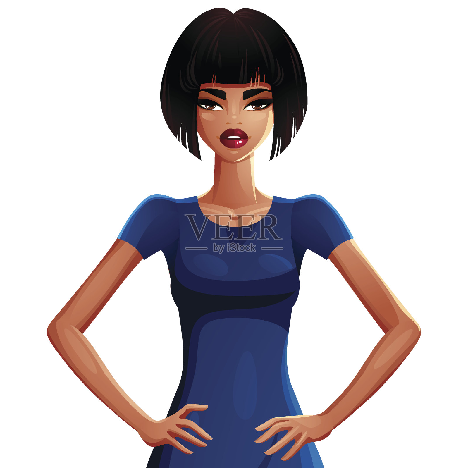 皮肤黝黑、身材苗条的美丽女子，穿着优雅的蓝色连衣裙插画图片素材