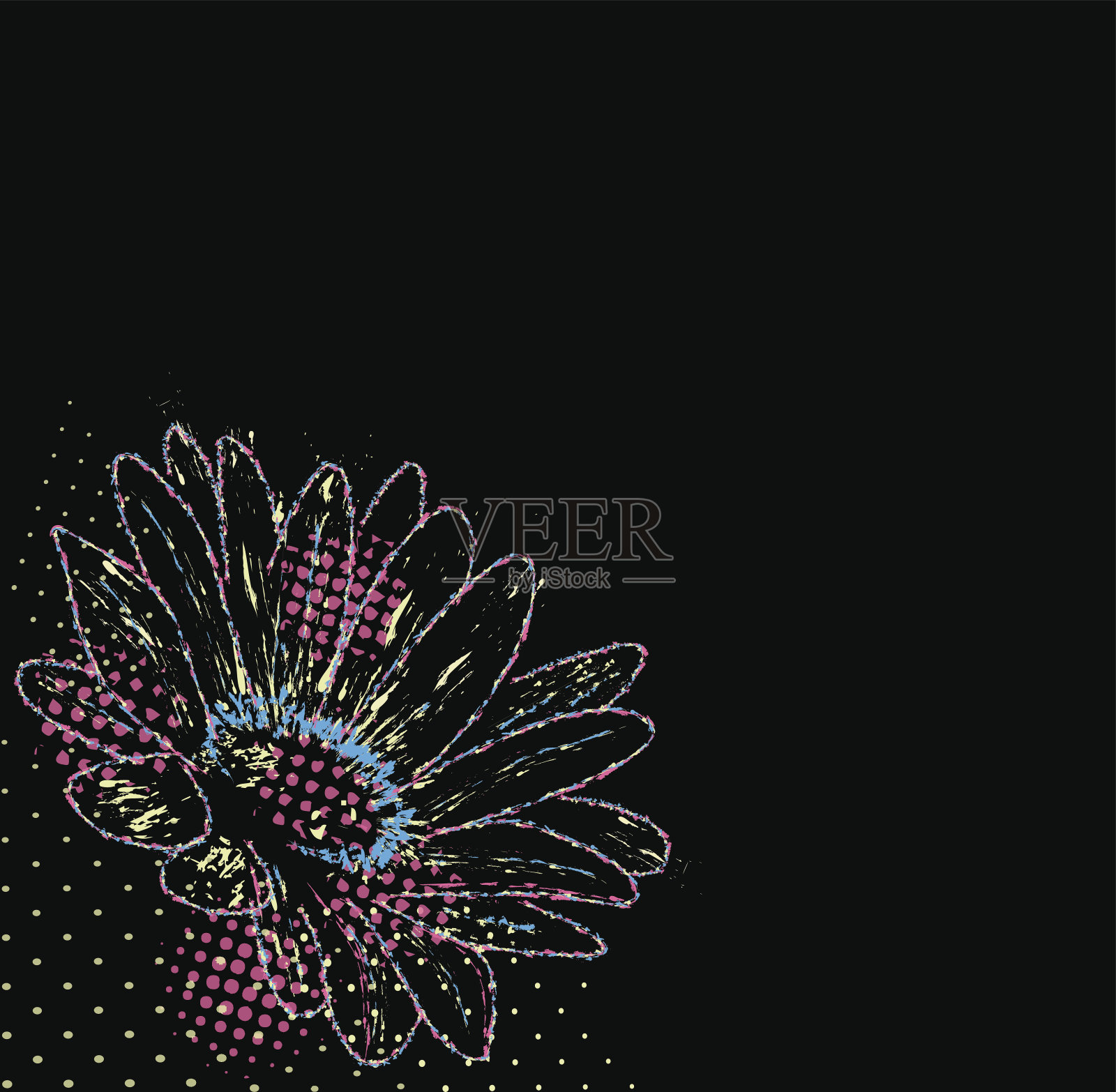 抽象垃圾向量花黑色背景，设计元素。插画图片素材