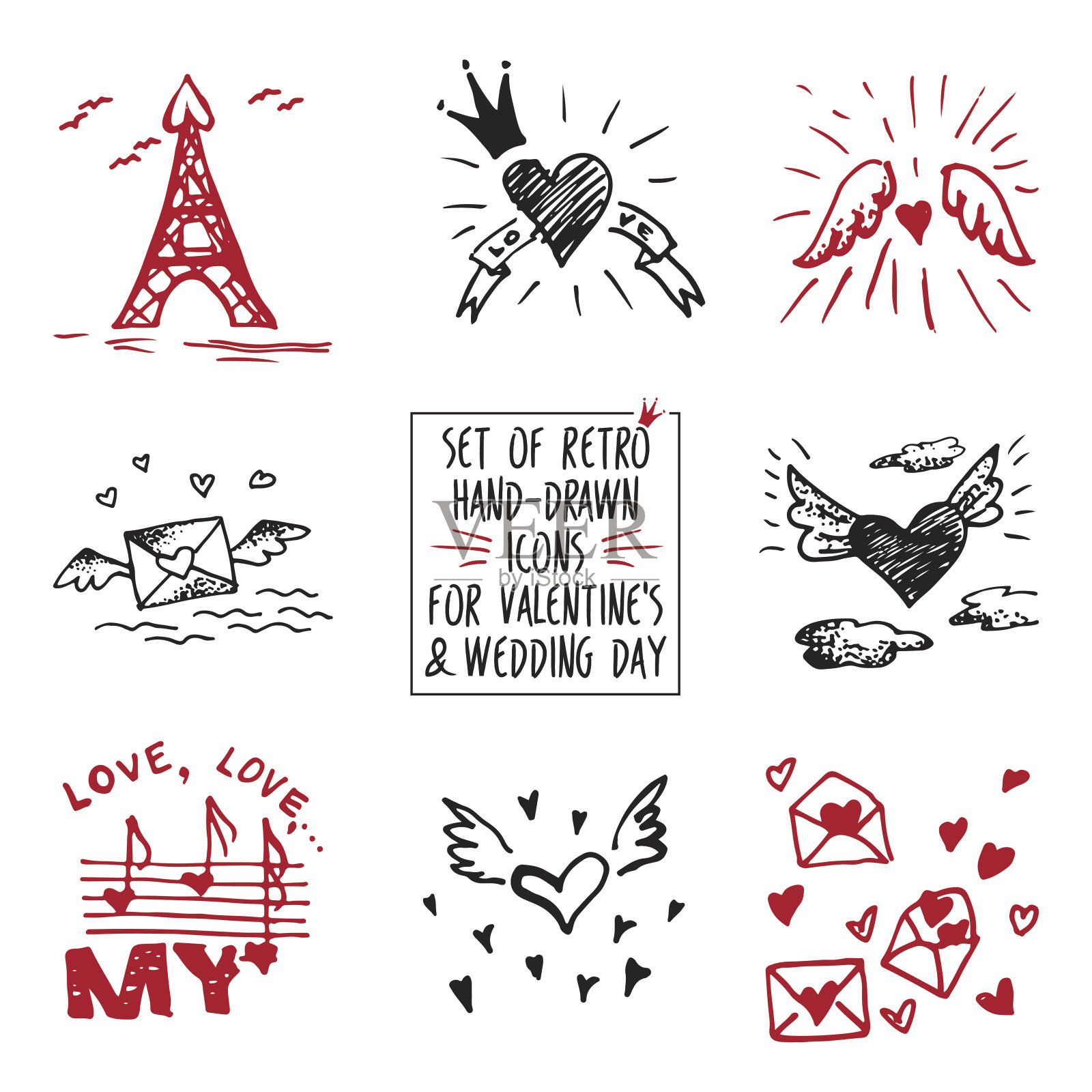 一套复古的手绘图标为情人节和婚礼插画图片素材