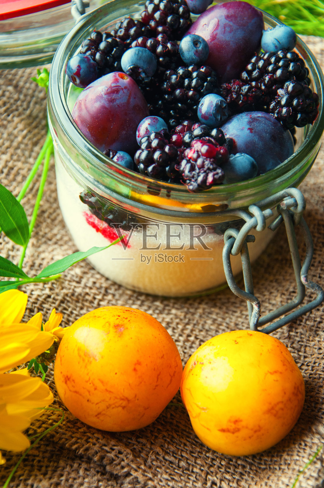 新鲜水果密封在罐中。草地的背景照片摄影图片