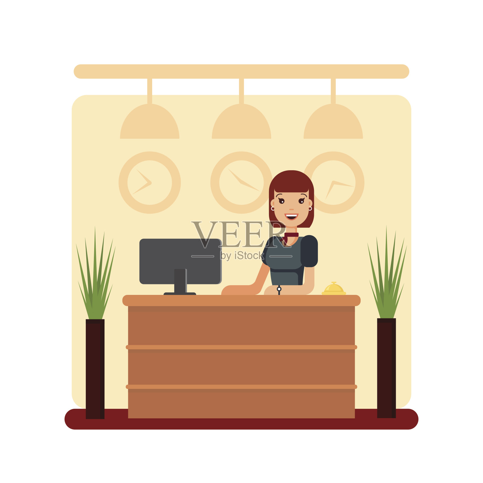 酒店前台有年轻的女接待员。女孩经理插画图片素材