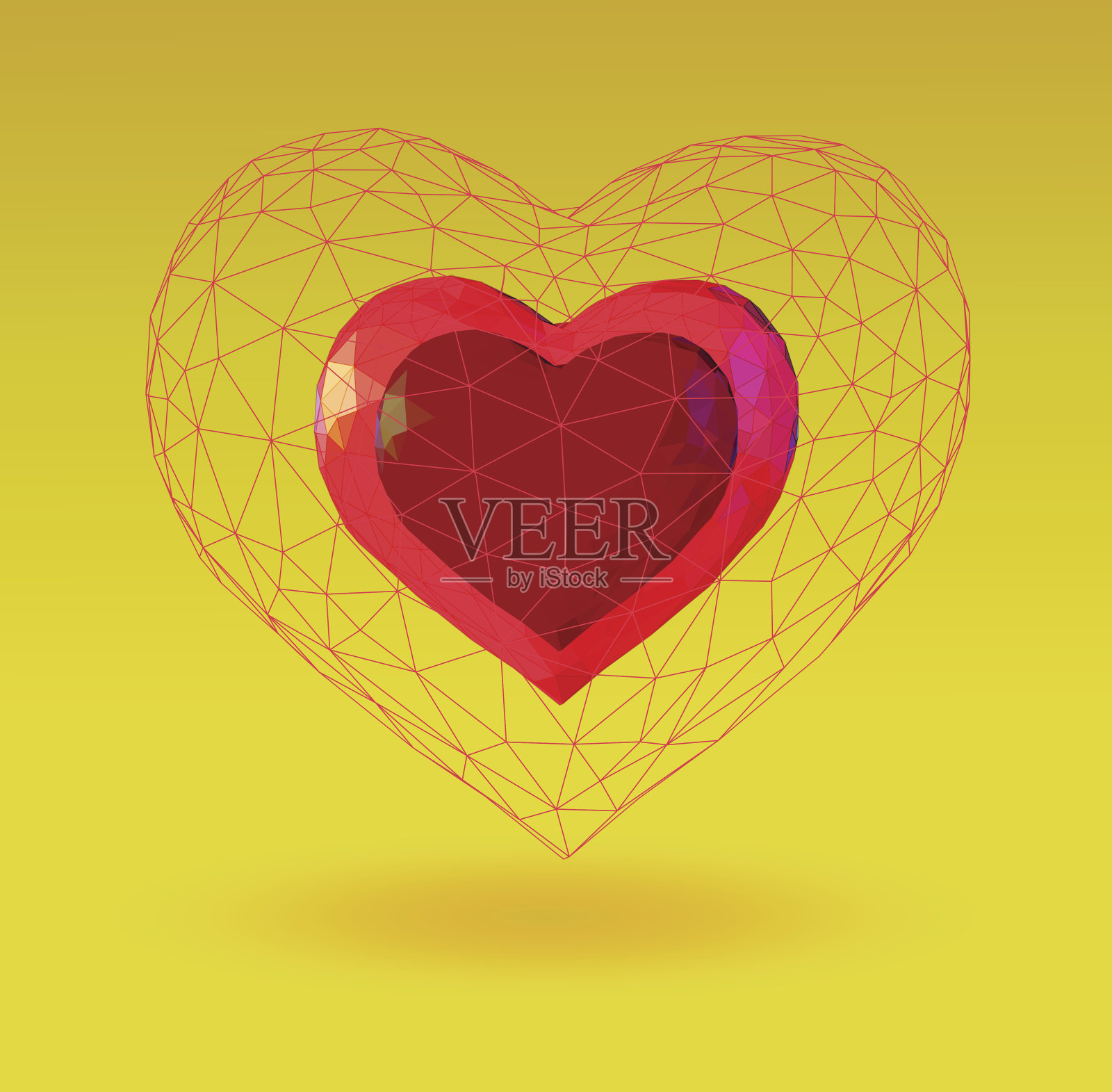 抽象的几何心形符号与低聚线框笼插画图片素材