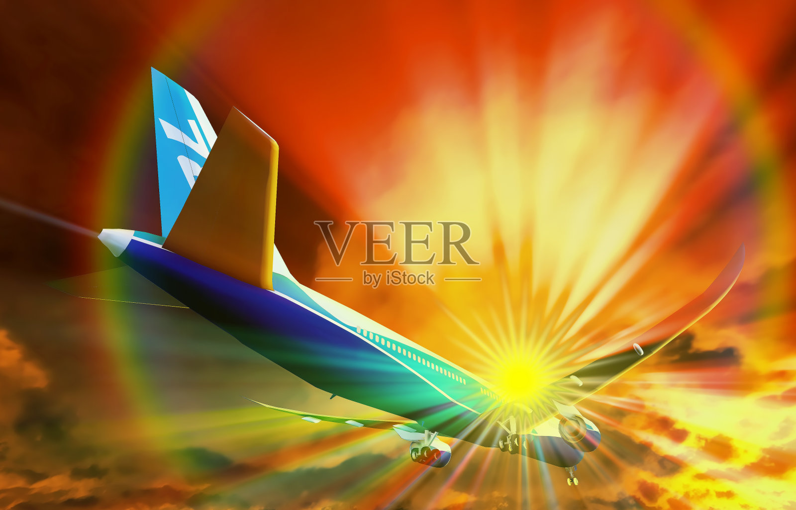 在这个壮观的夜晚，一架客机正在降落插画图片素材