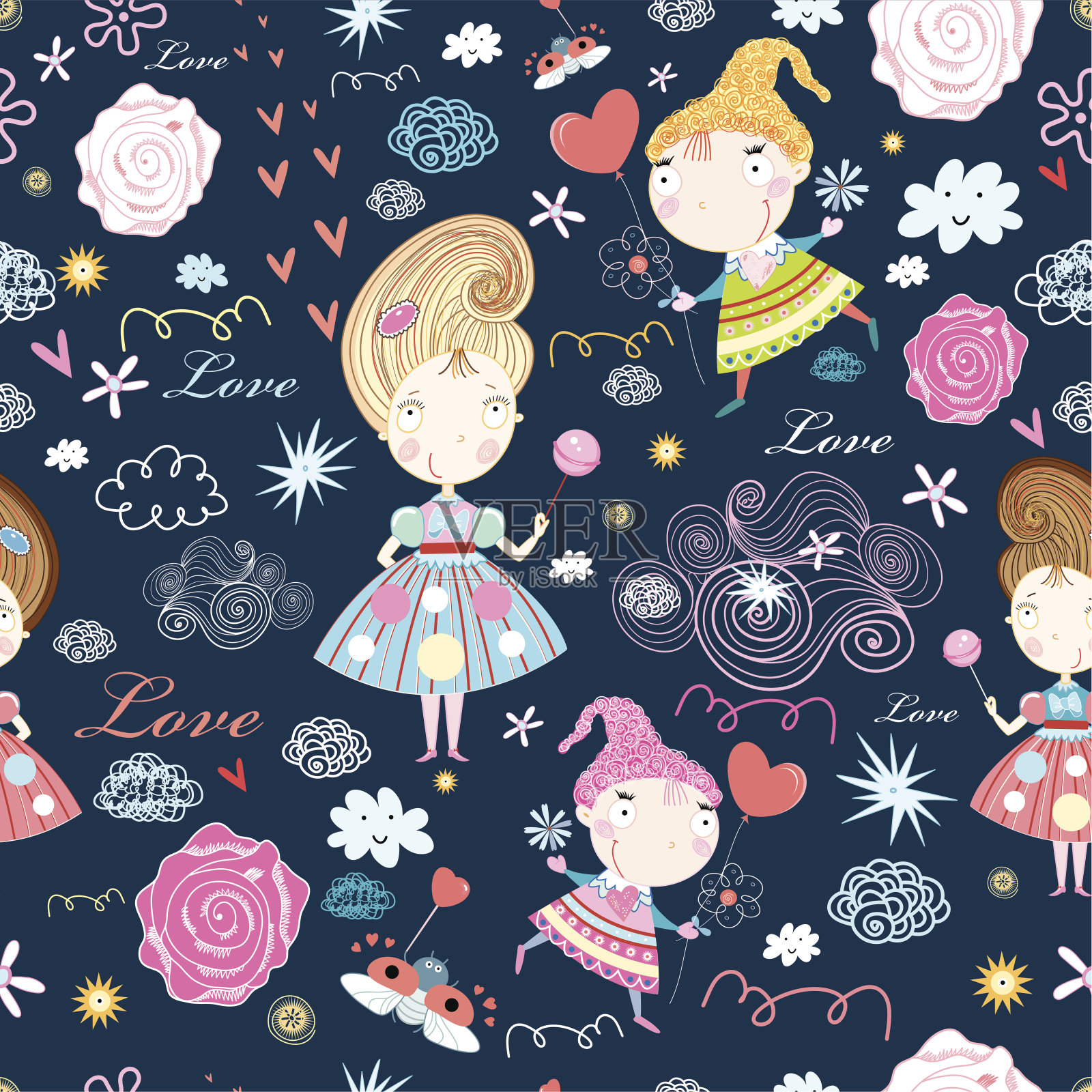 可爱的女孩和狗插画图片素材