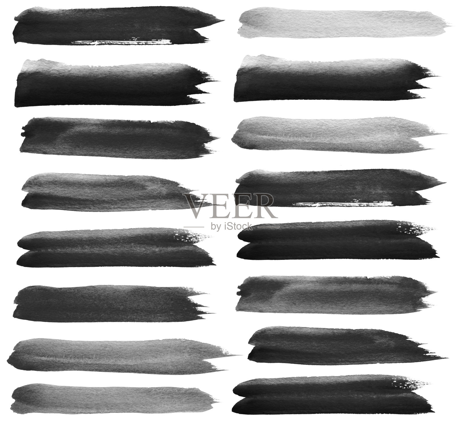 一套黑色水彩笔触。孤立在白色的。照片摄影图片