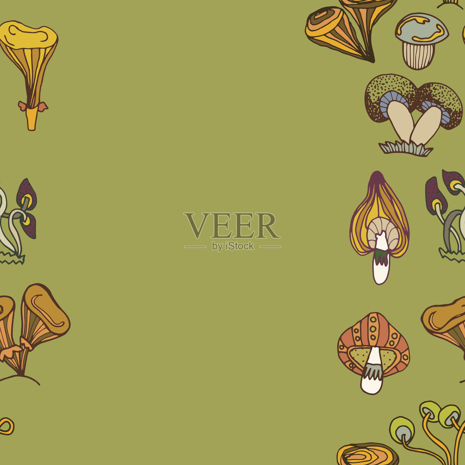 无缝矢量边界的不同蘑菇。插画图片素材