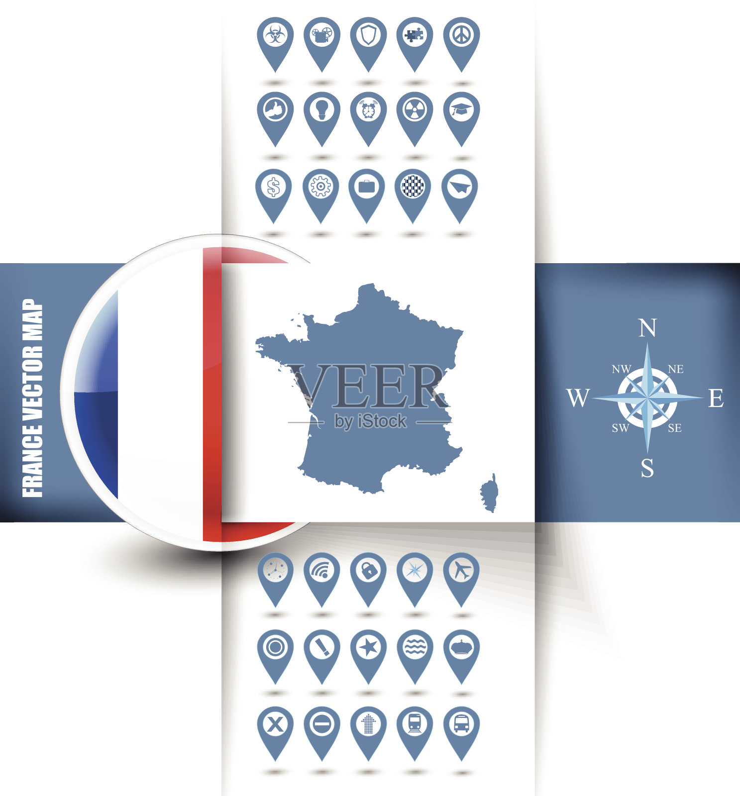 法国矢量地图等高线与GPS图标插画图片素材