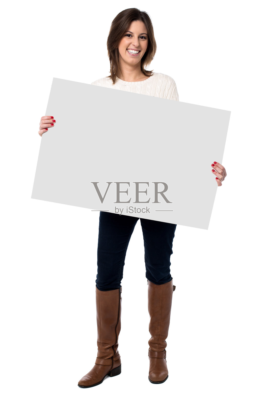 女人举着一个空白的白色标志照片摄影图片