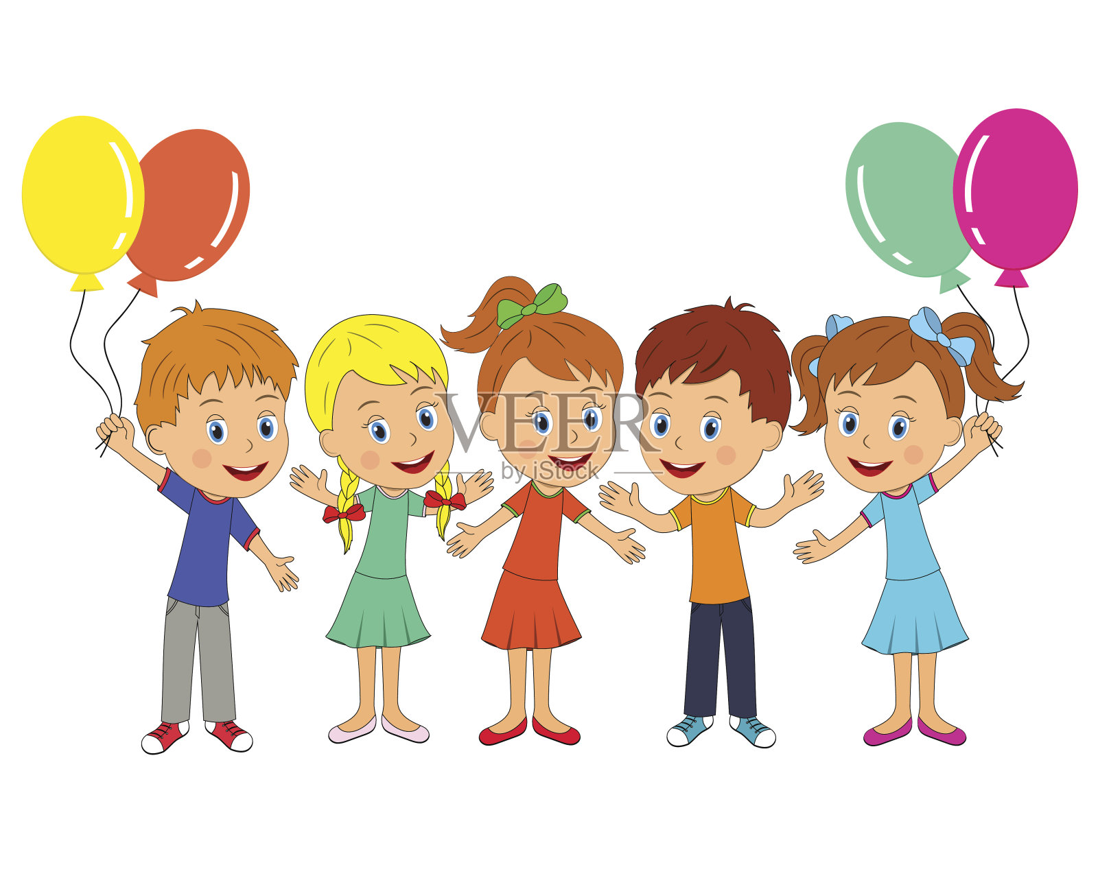 小男孩和小女孩拿着气球插画图片素材