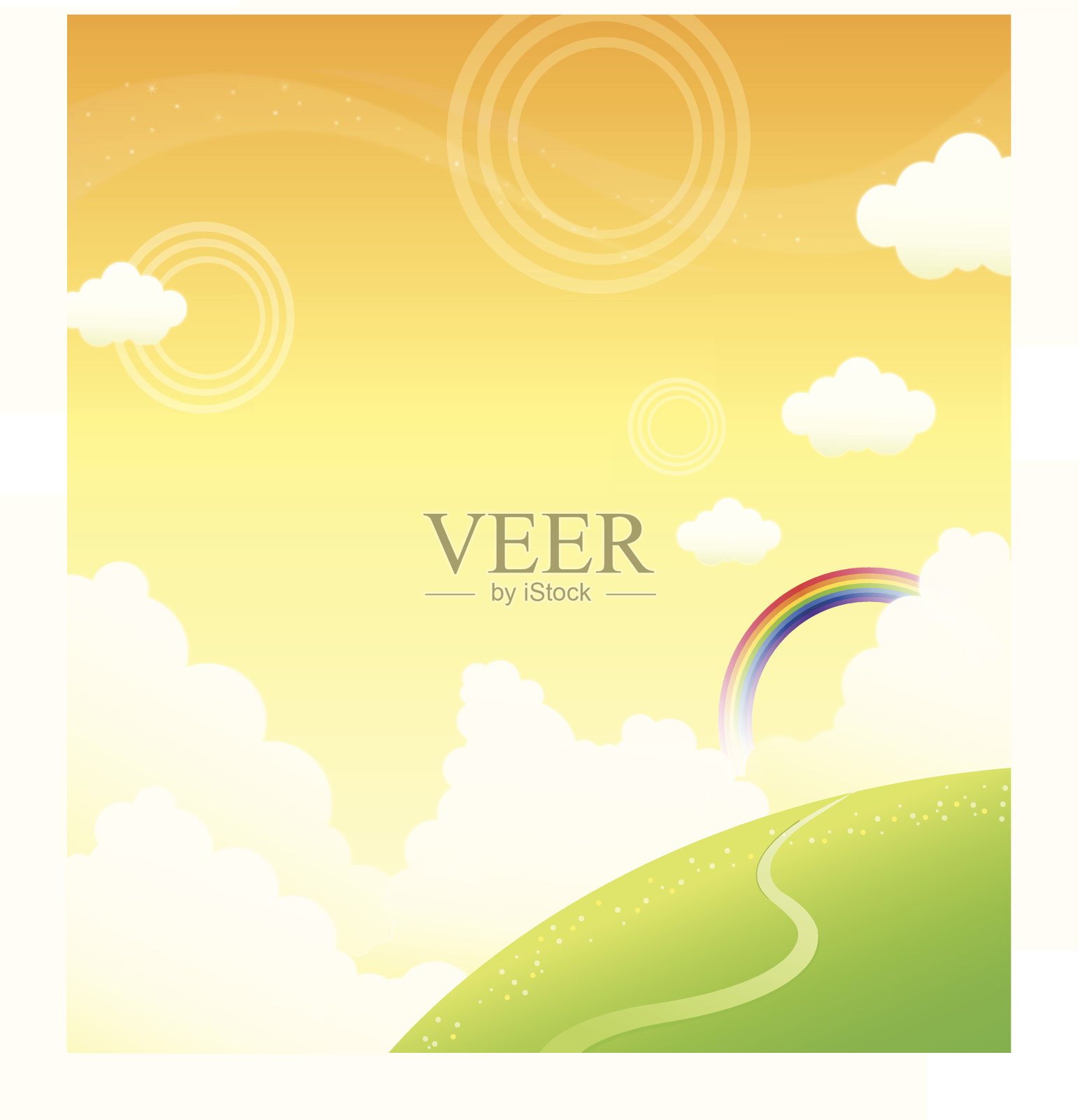 青山绿水，彩虹满天插画图片素材