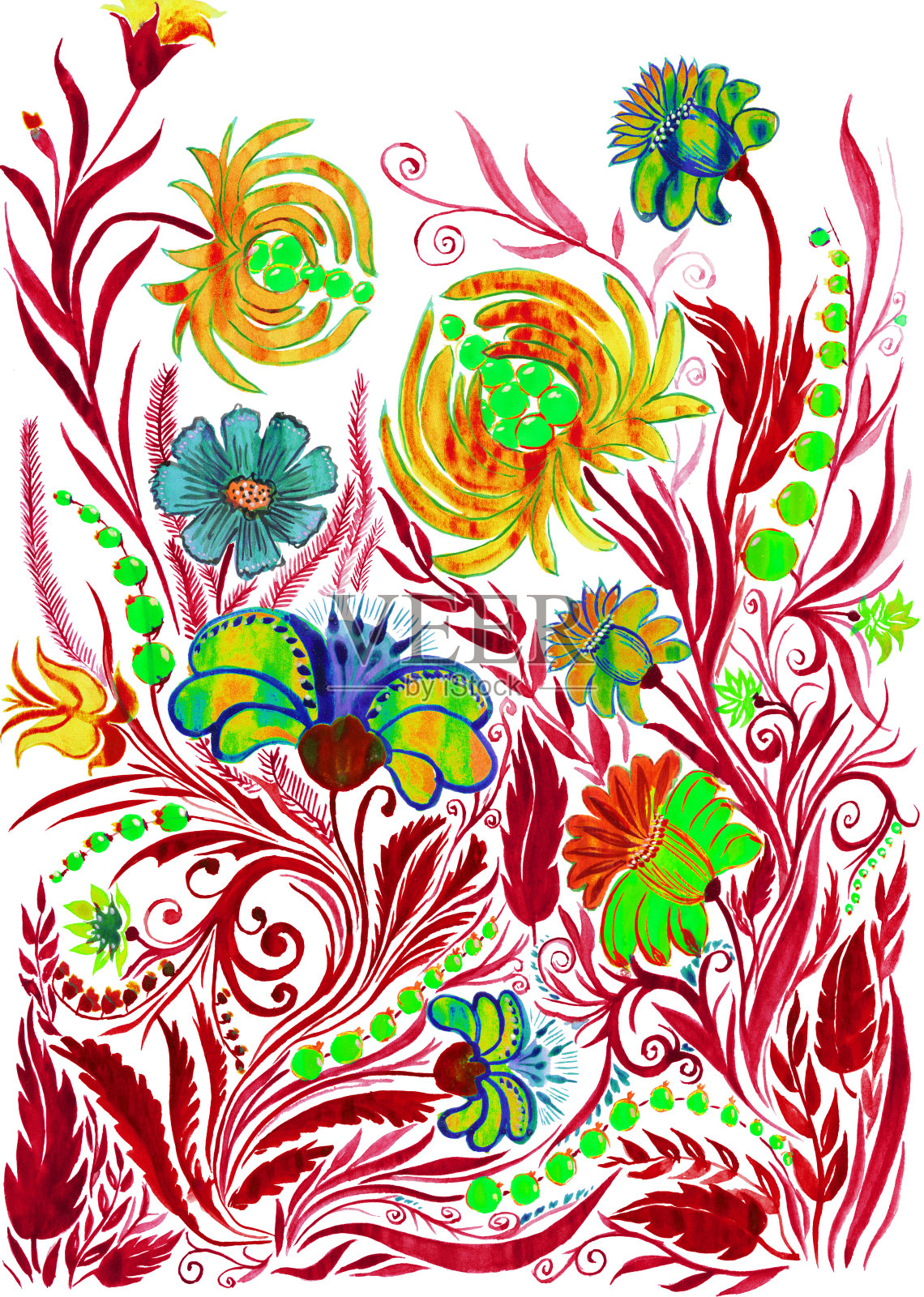 抽象的红花为背景，水彩画在纸上插画图片素材