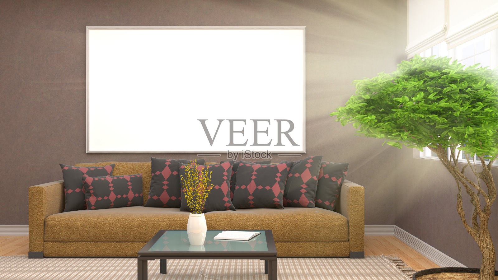 模拟海报框架在室内背景。三维演示照片摄影图片