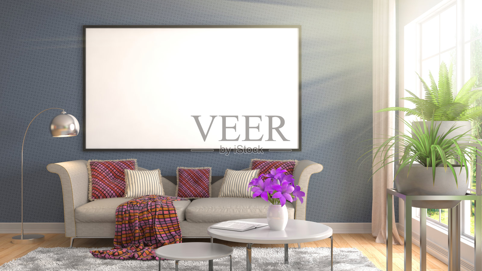 模拟海报框架在室内背景。三维演示照片摄影图片