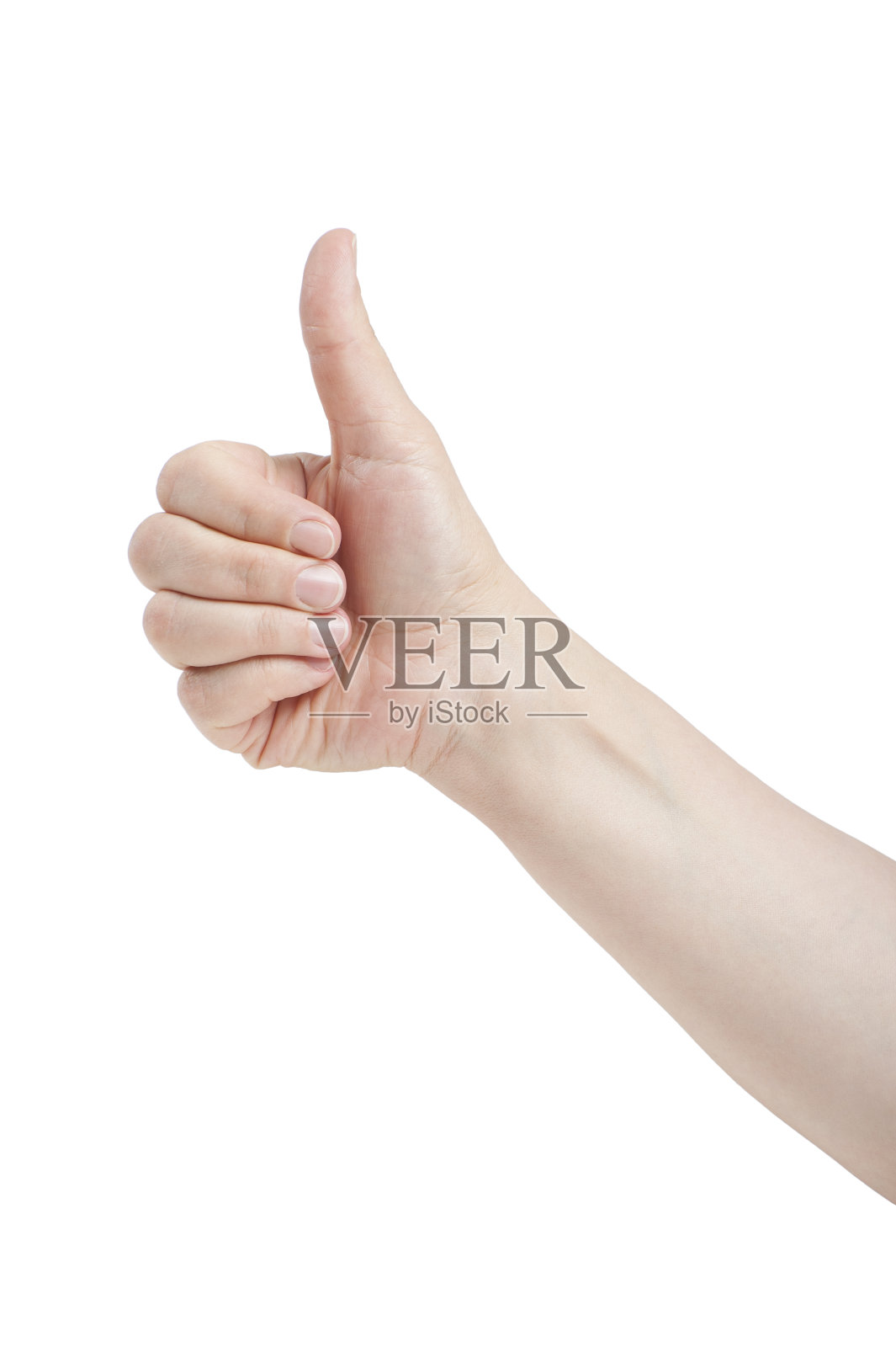 女性举起手指(“班”)。在隔离。照片摄影图片