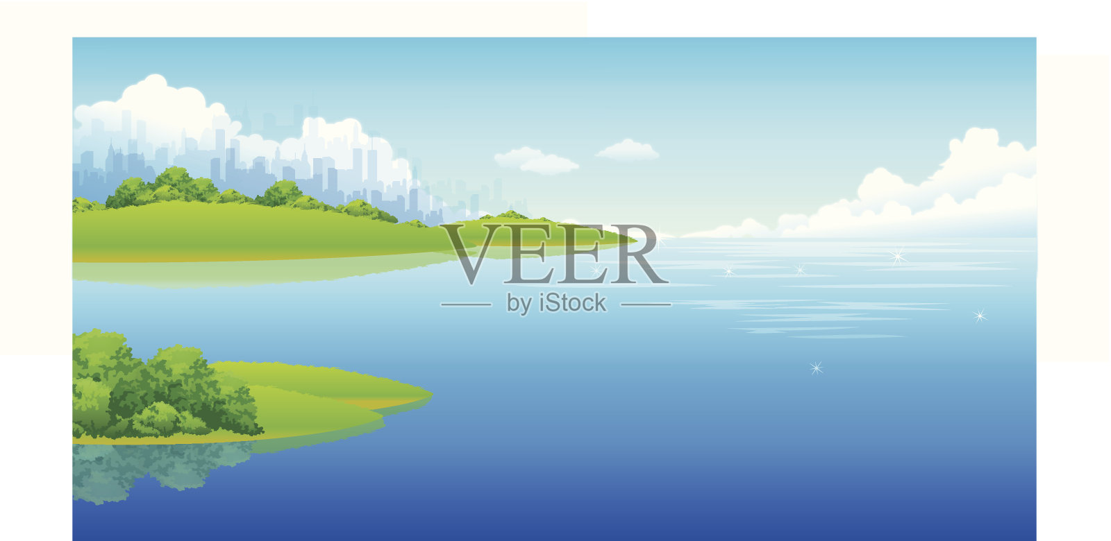 城市天际线和大海插画图片素材