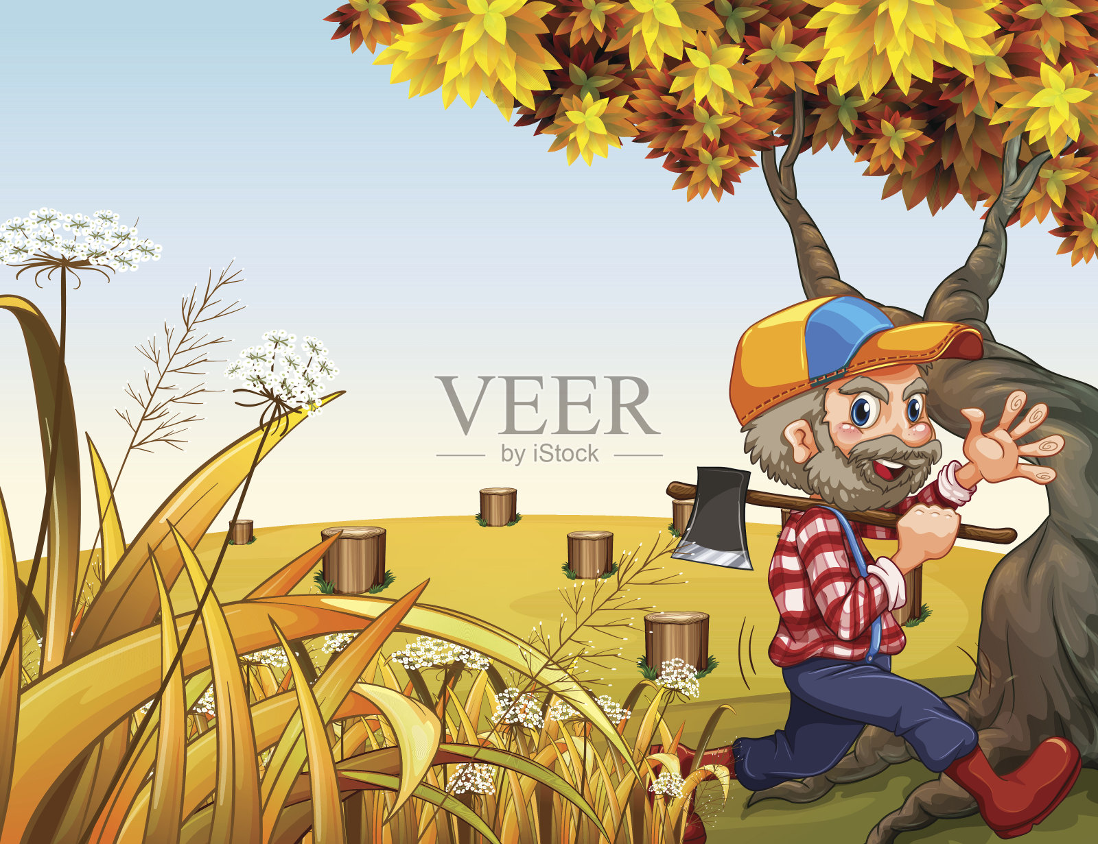 山顶上有一个微笑着扛着斧头的樵夫插画图片素材