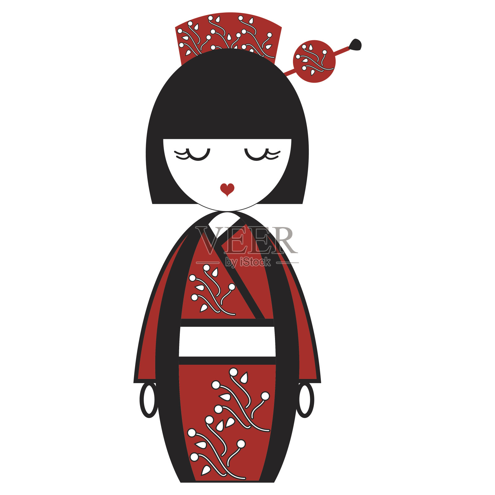 东方艺伎娃娃与和服与花，头发粘插画图片素材