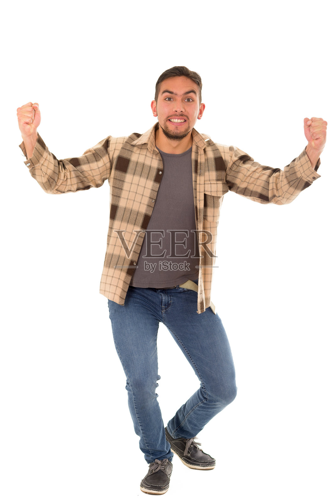 穿着法兰绒衬衫的庆祝男子照片摄影图片