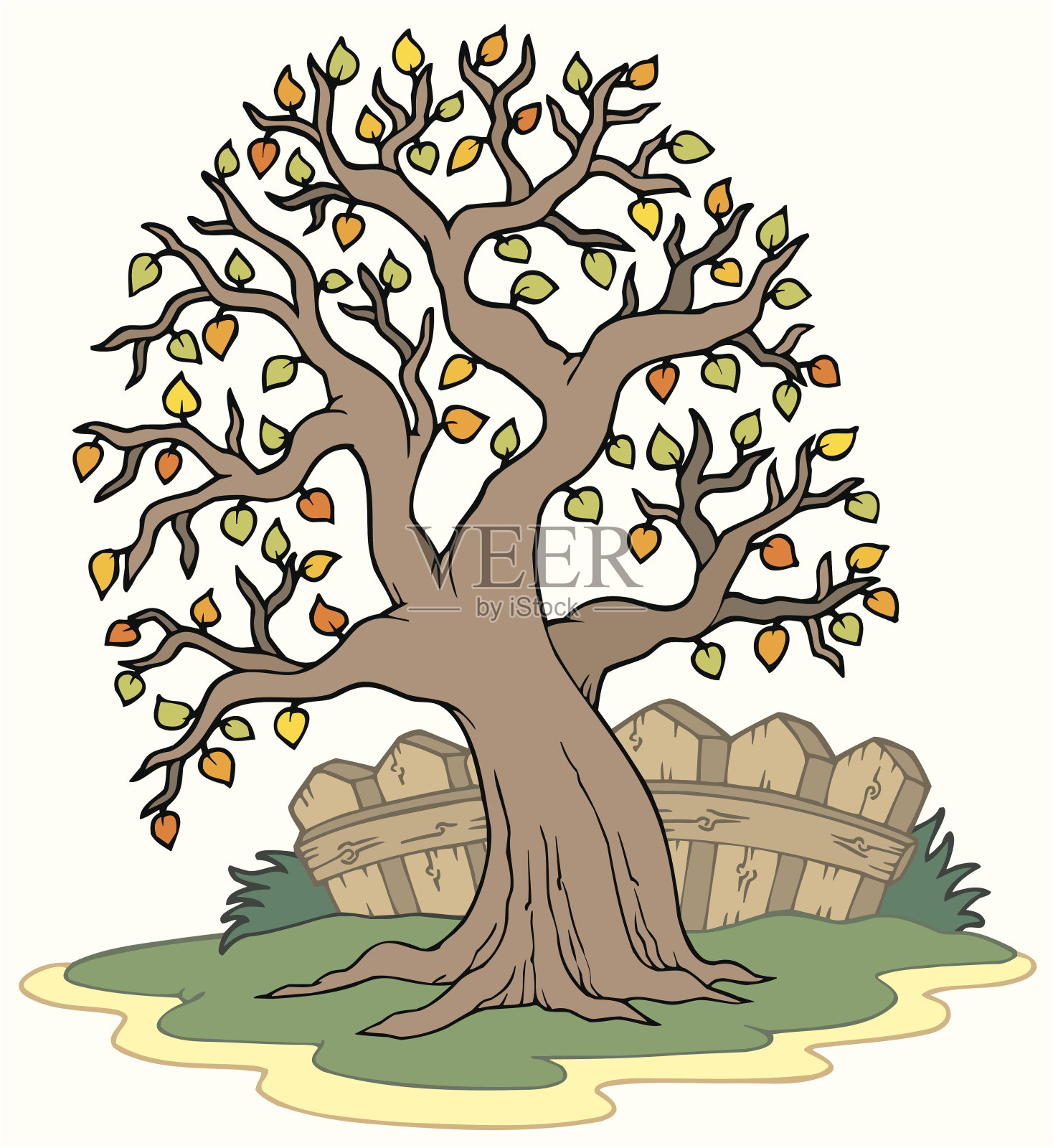 有篱笆的多叶树插画图片素材