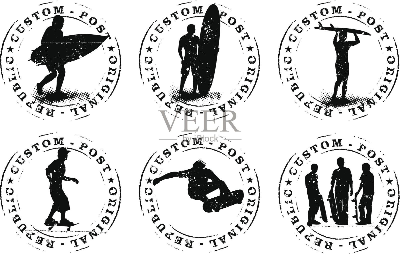 冲浪和滑板垃圾邮票插画图片素材