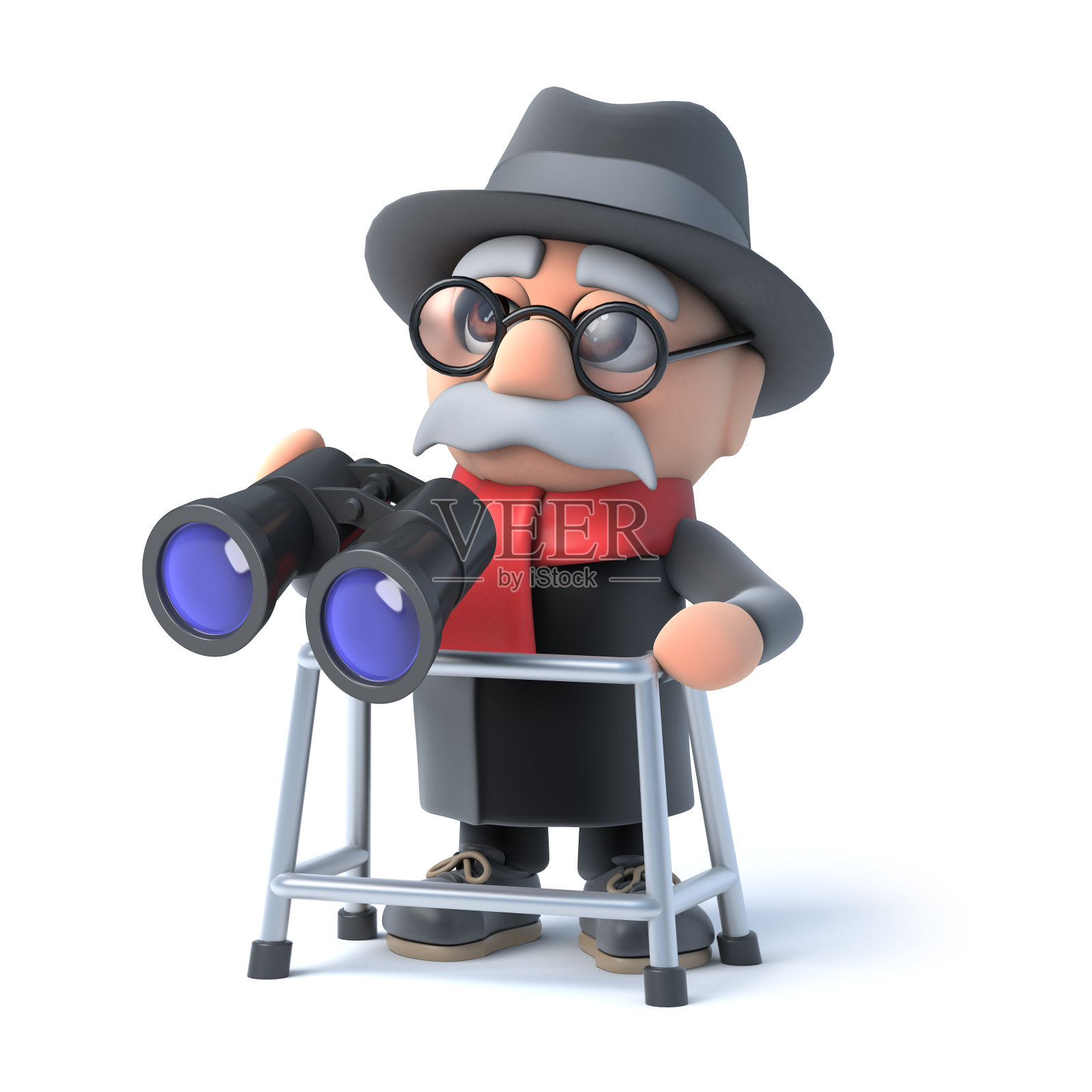 3d爷爷与步行架通过双筒望远镜照片摄影图片