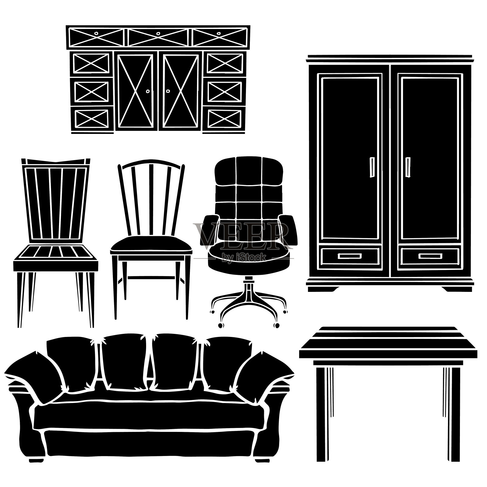 家具，椅子，扶手椅，沙发，桌子，橱柜插画图片素材