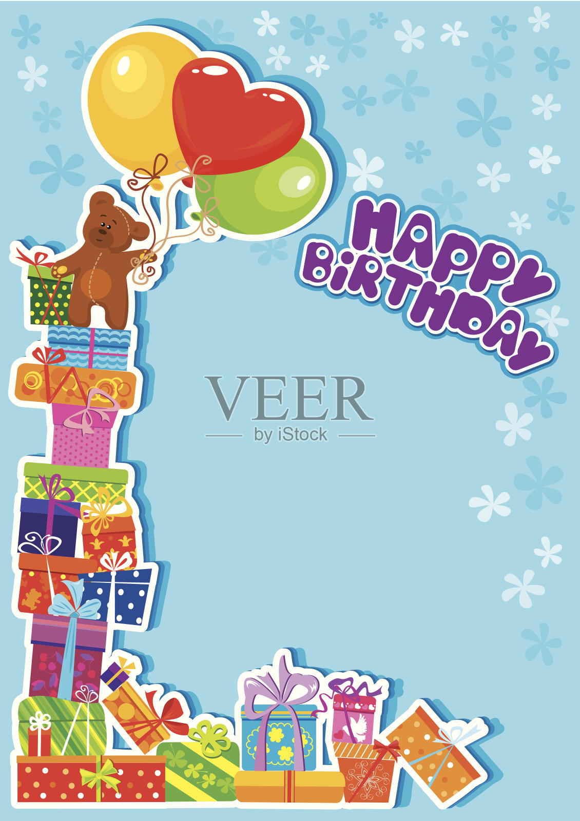 男孩生日贺卡，泰迪熊和礼品盒插画图片素材