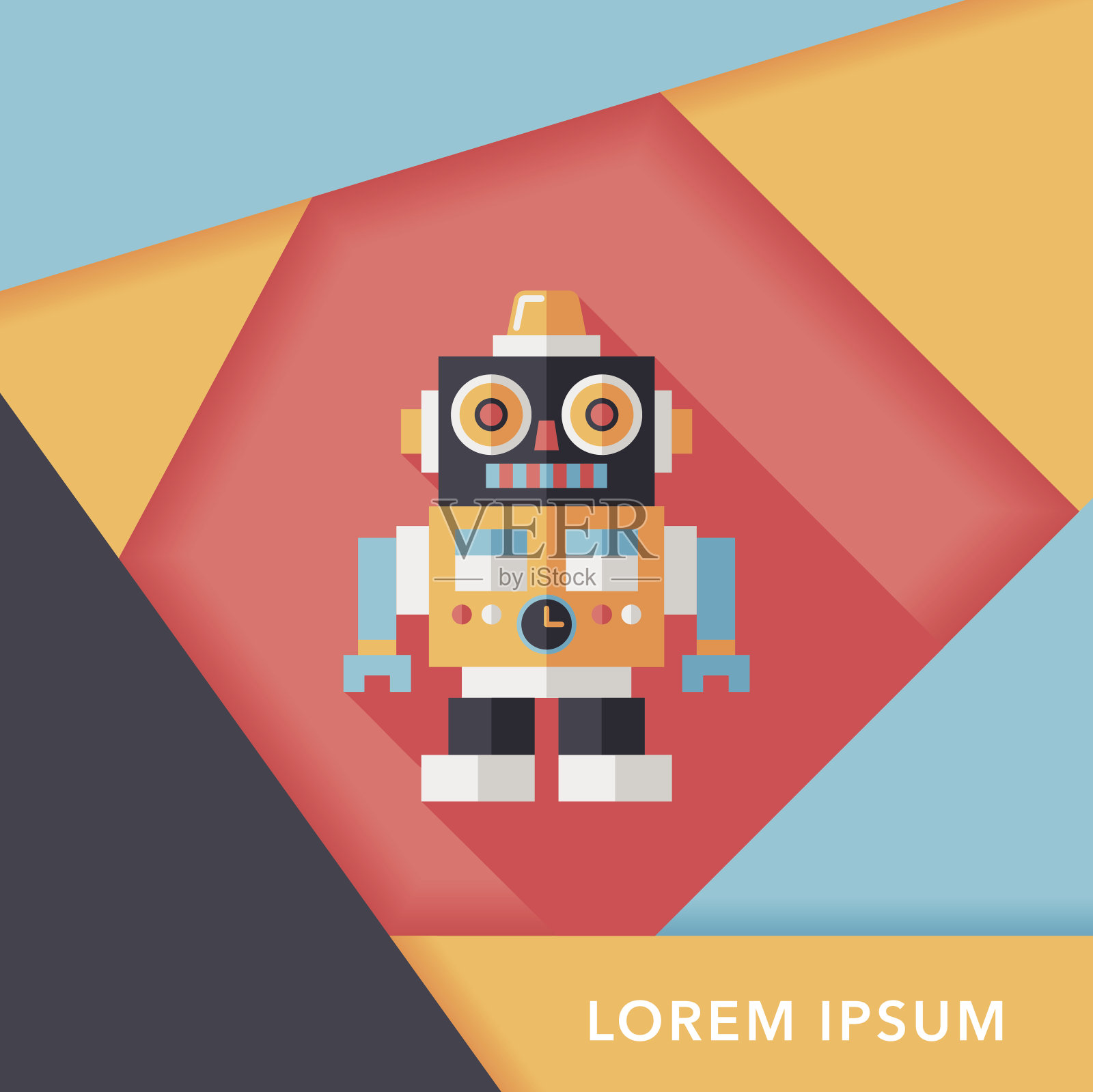 复古机器人平面图标与长影子，eps 10设计模板素材