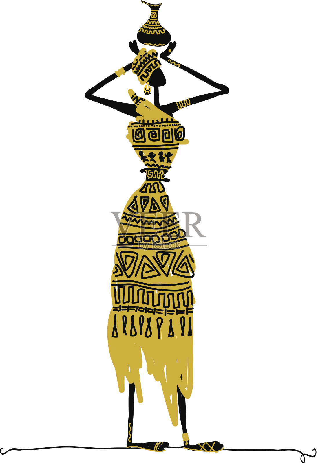 手绘的少数民族妇女与水壶插画图片素材