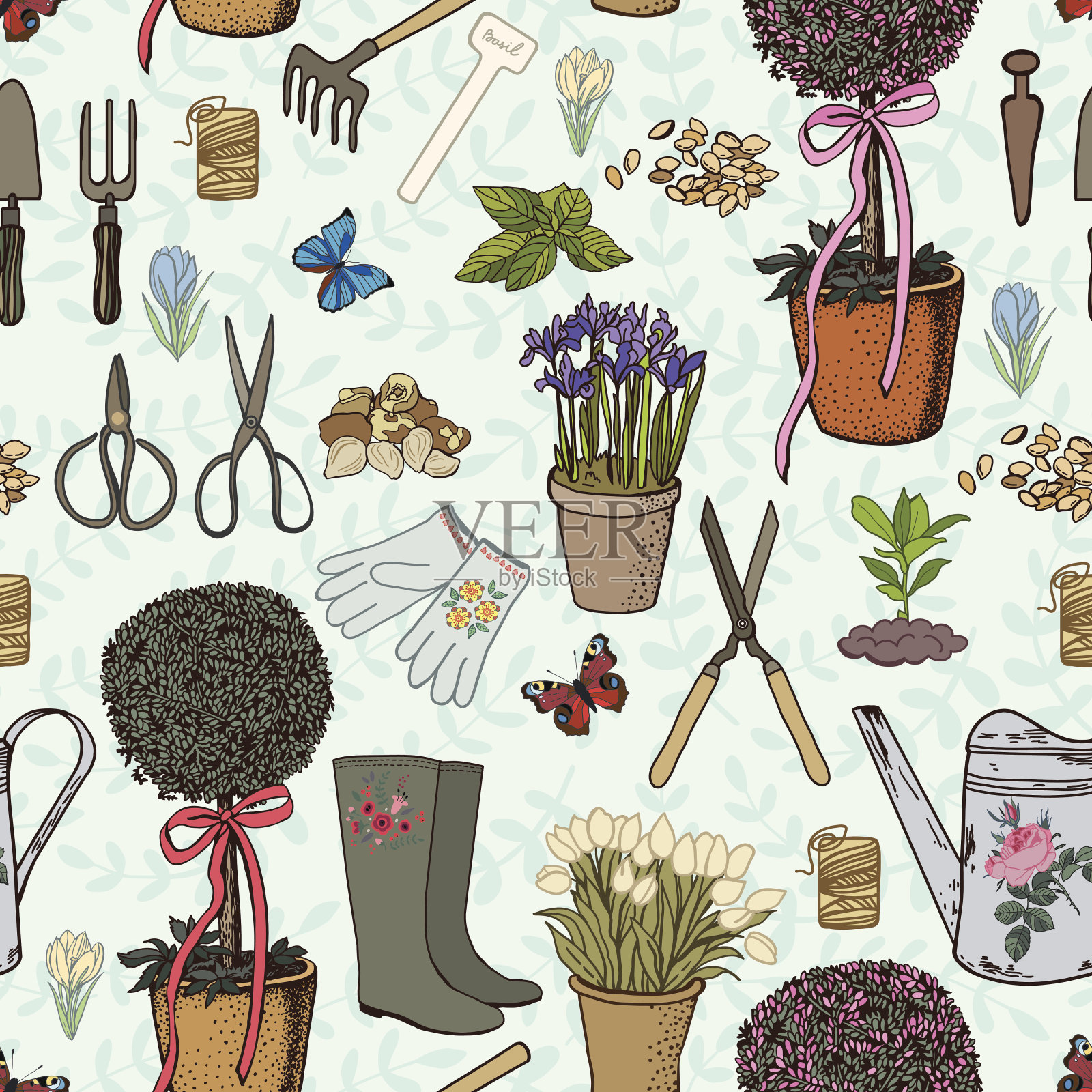 复古手绘花园图案插画图片素材