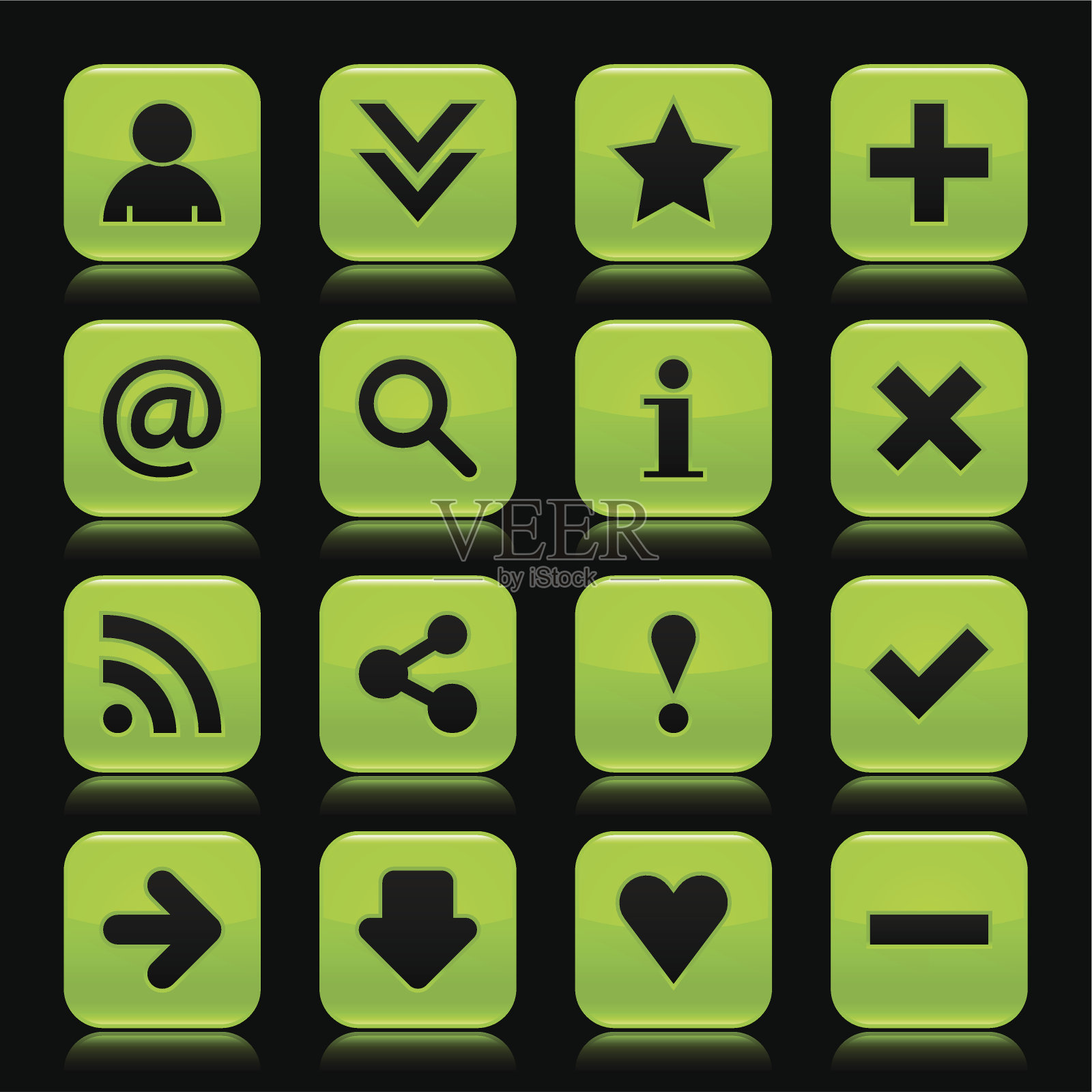 绿色光泽的图标基本标志，方形按钮，黑色背景图标素材