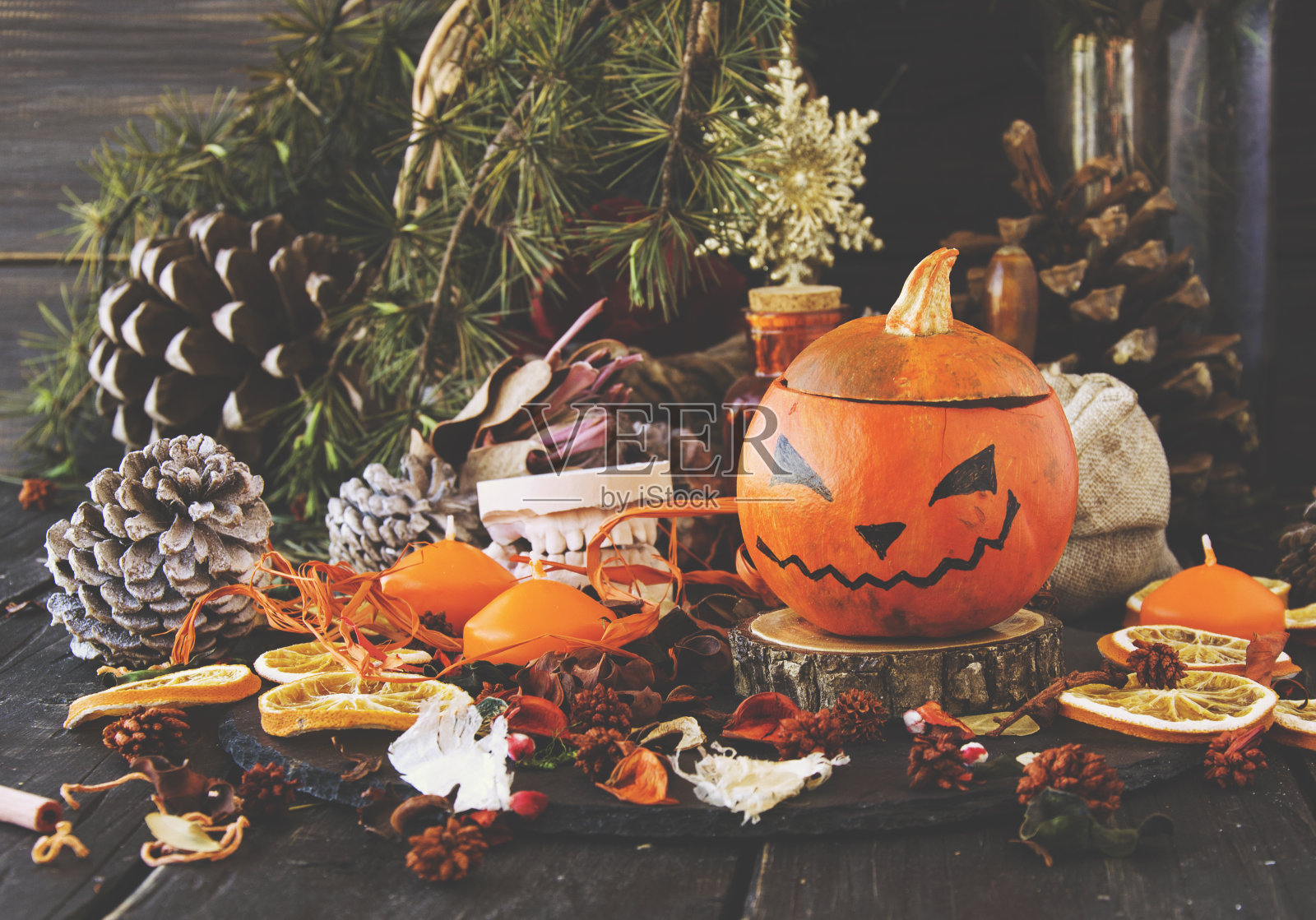 用干花装饰万圣节的南瓜照片摄影图片