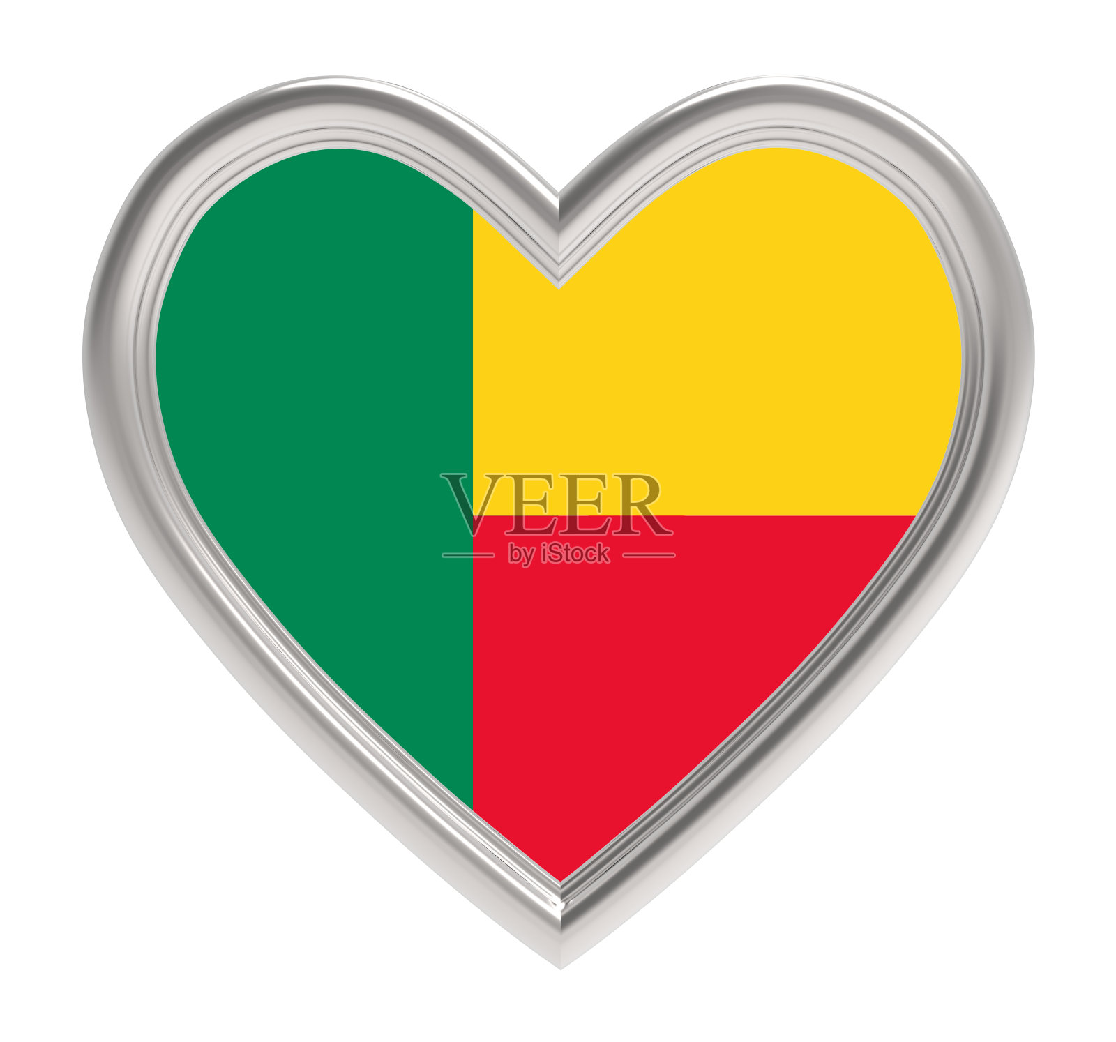 贝宁国旗在银心孤立在白色的背景。照片摄影图片