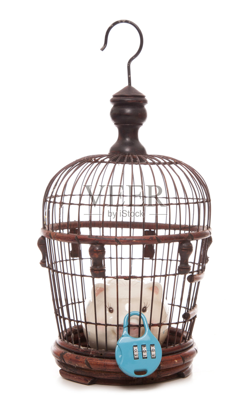 锁在鸟笼里的存钱罐照片摄影图片