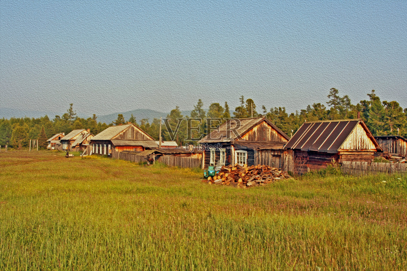 俄罗斯一个偏远村庄的一排传统木屋照片摄影图片