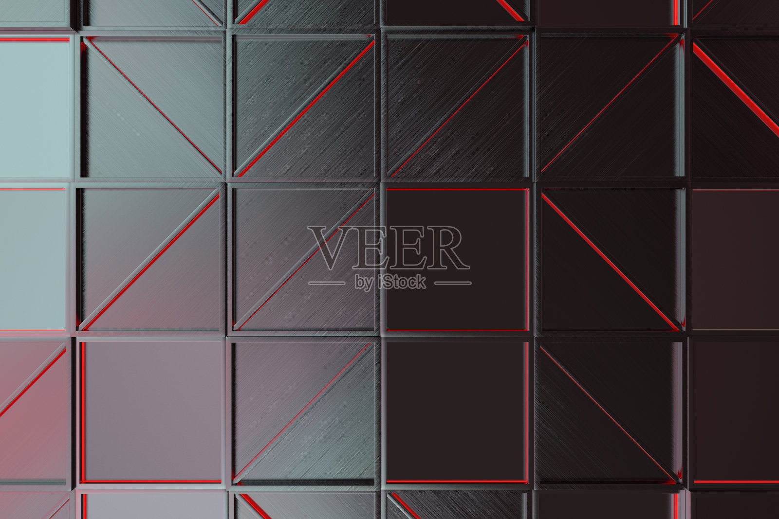 拉丝金属瓦片墙与对角发光元素照片摄影图片