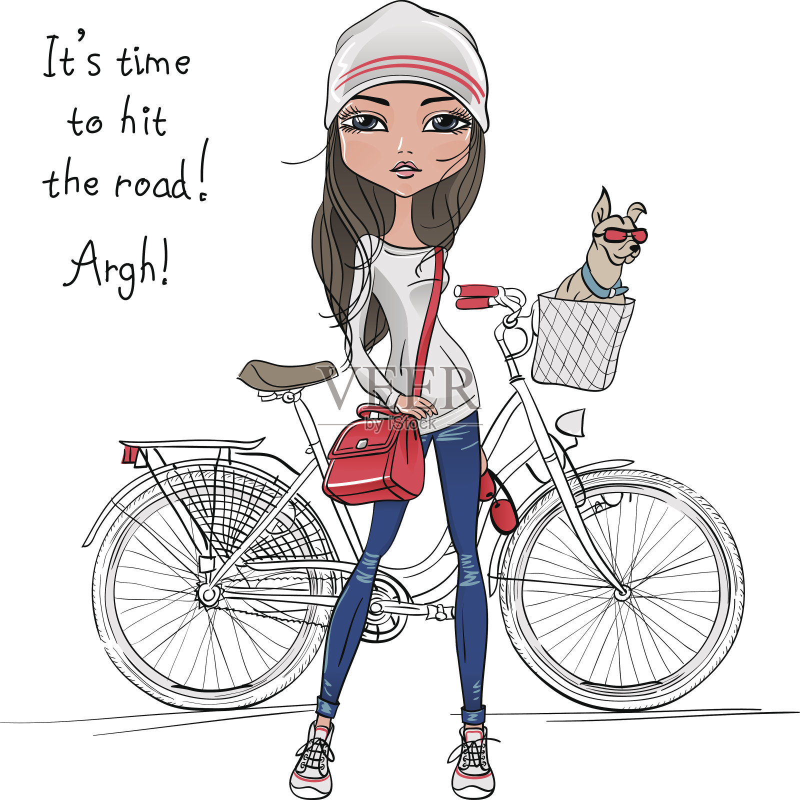 向量可爱的时髦女孩与自行车和狗插画图片素材