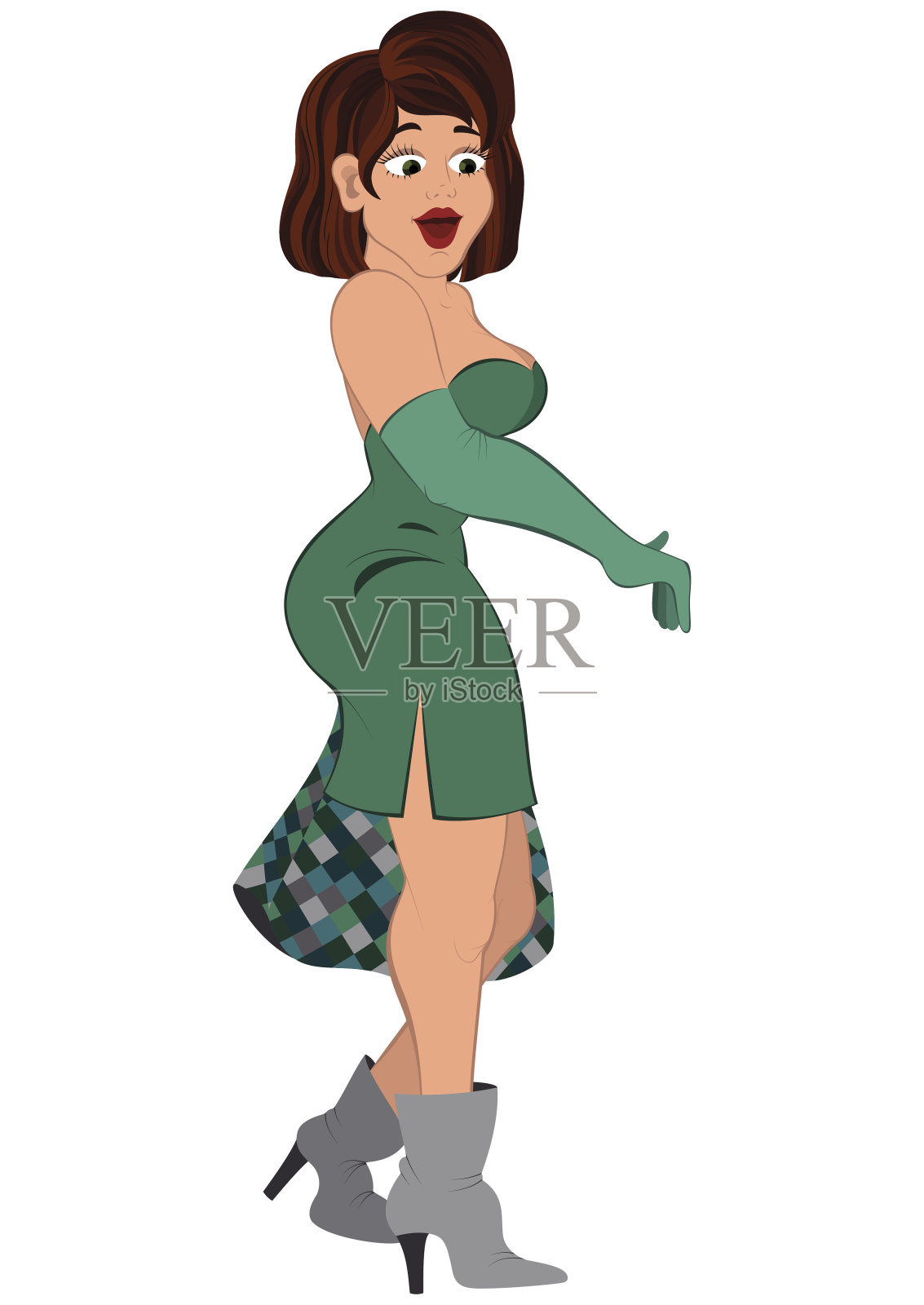 卡通女人穿着绿色的裙子，灰色的靴子和包设计元素图片