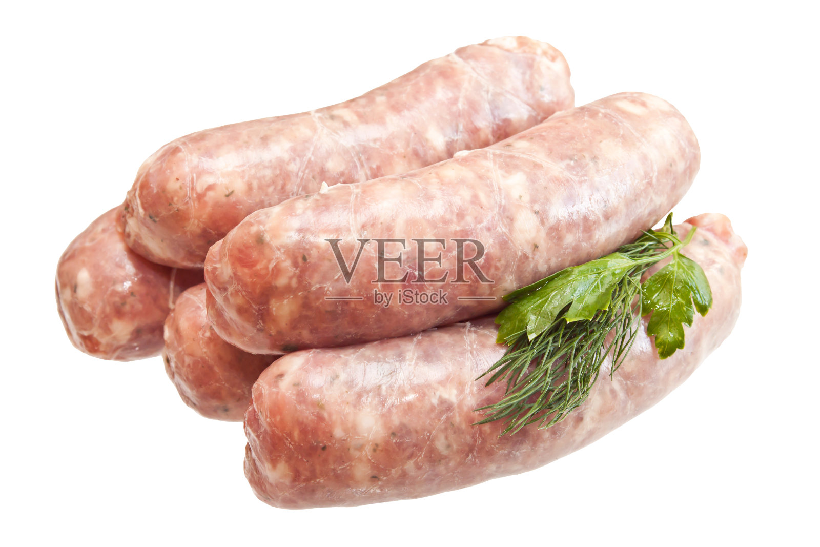 生肉香肠与绿色孤立在白色背景照片摄影图片