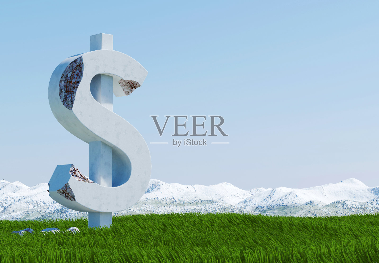 草地上受损的混凝土美元标志雕像照片摄影图片