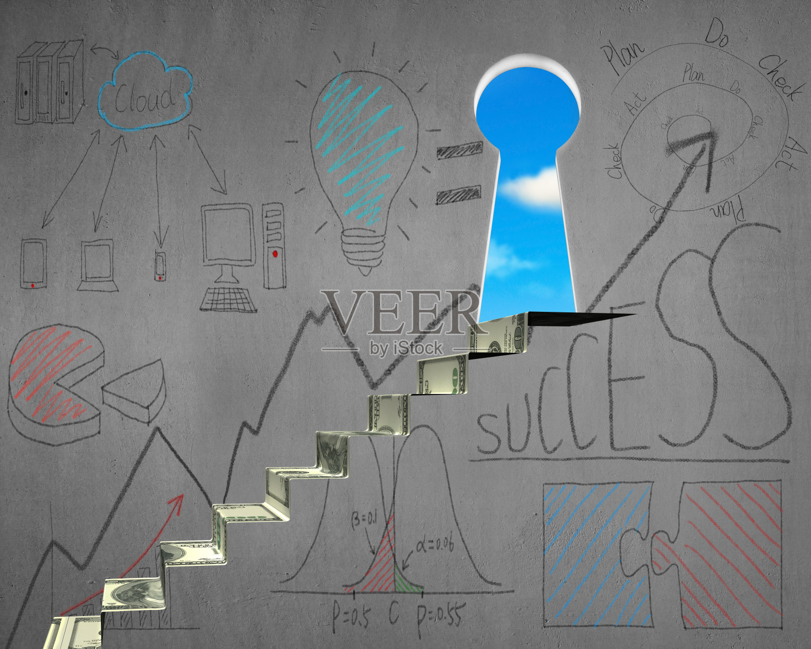 钥匙形状的门和带有金钱楼梯的商业涂鸦照片摄影图片