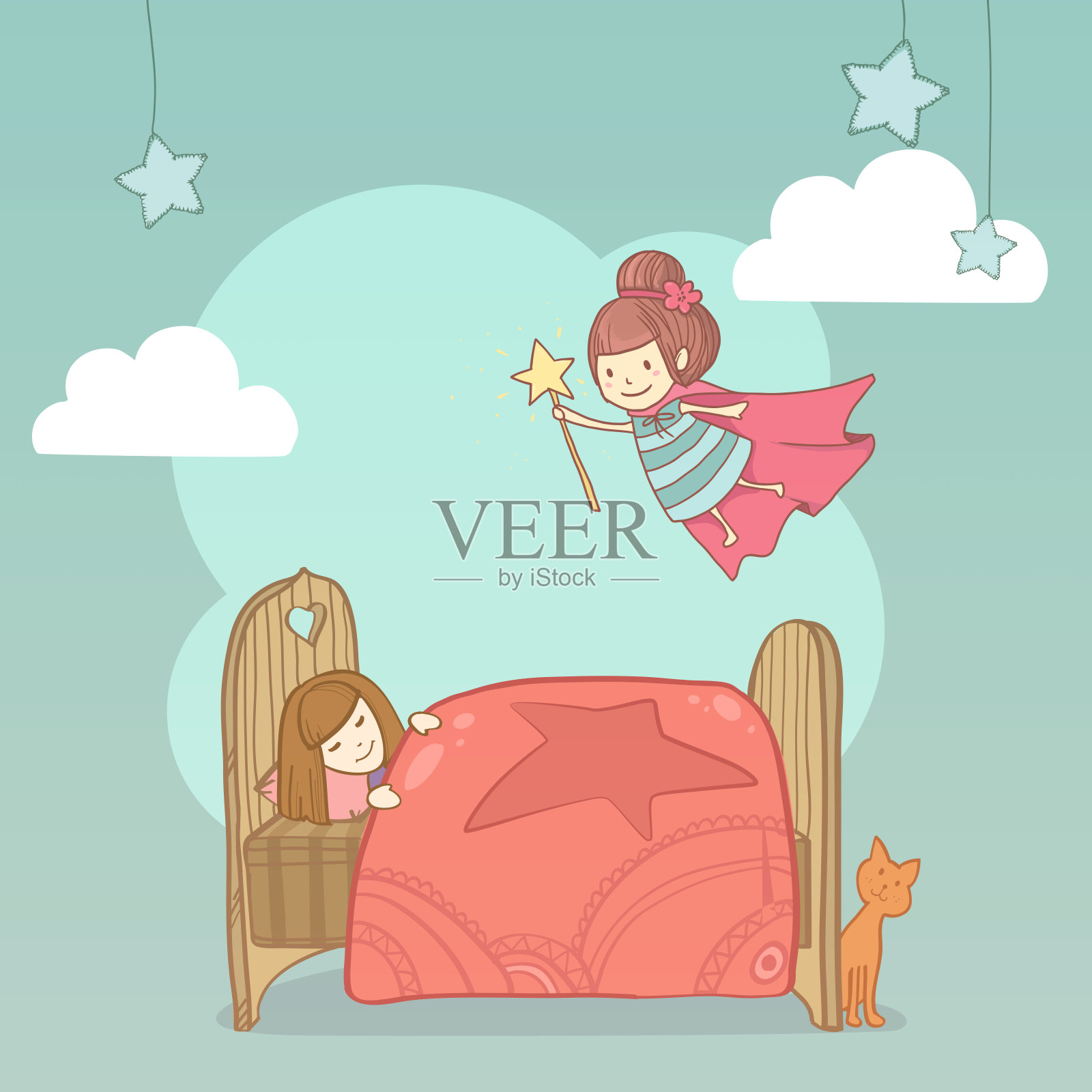 可爱的小女孩睡在床上，牙仙子守护着她插画图片素材